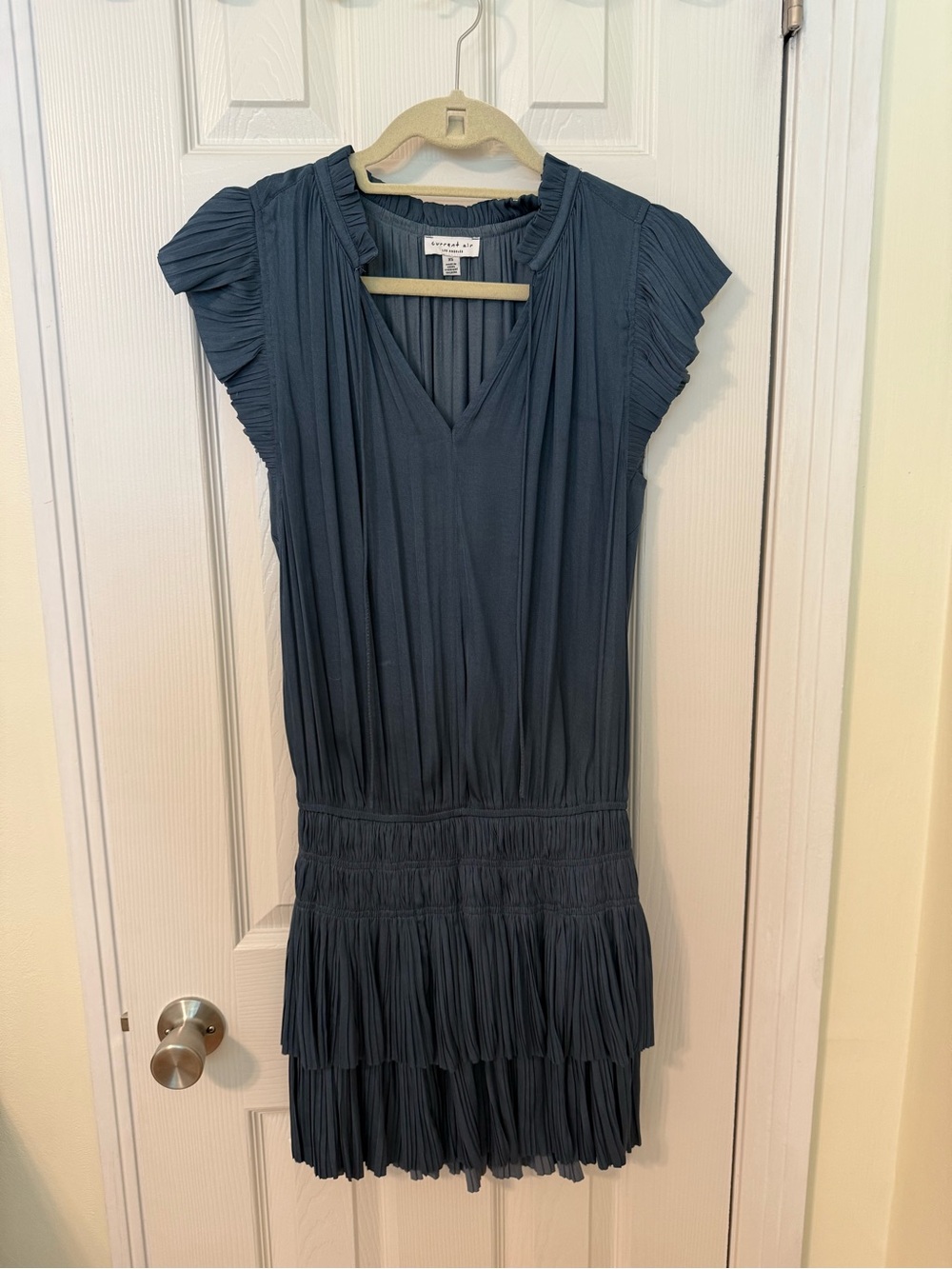 Current Air Pleated V-Neck Mini Dress in Slate Blue